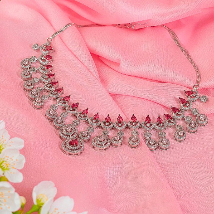Pink Silver Polish Short Lightweight Necklace Set American Diamond for Women for Occasion and Party Wear (MC - NS - 023 - PK - SL - 4) - The Indian Mudra