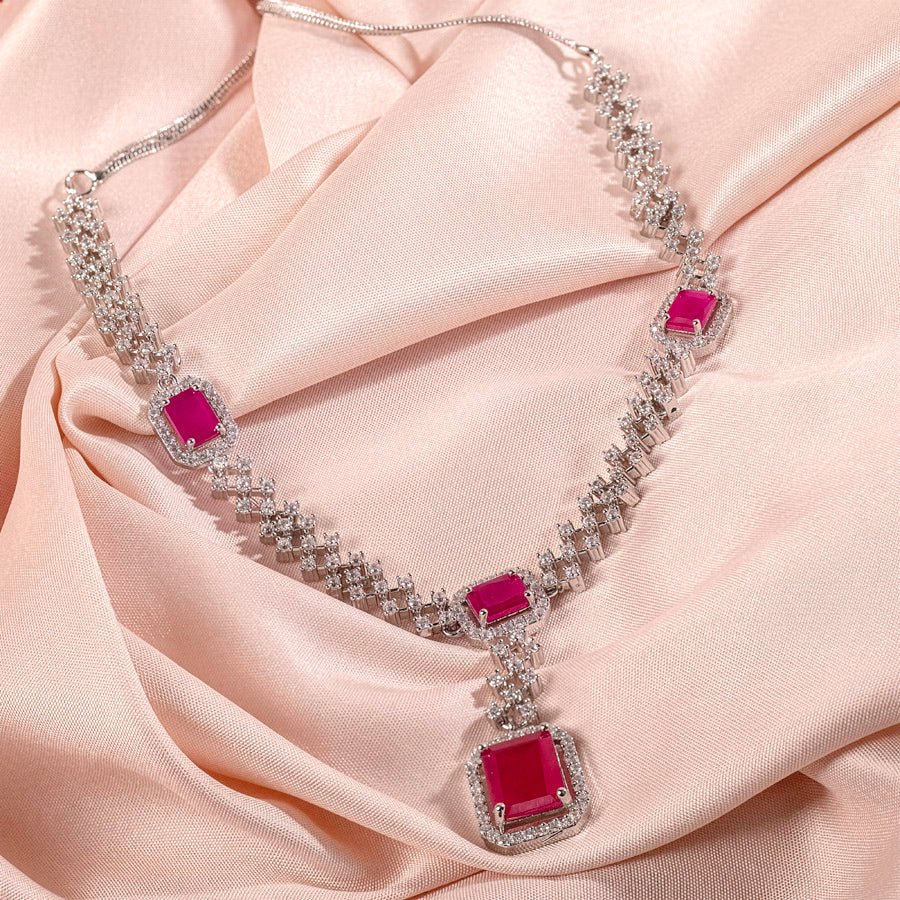 Pink Silver Polish Short Lightweight Silver Short American Diamond Necklace Set for Women for Occasion and Party Wear (MC-NS-008-PK-SL) - The Indian Mudra