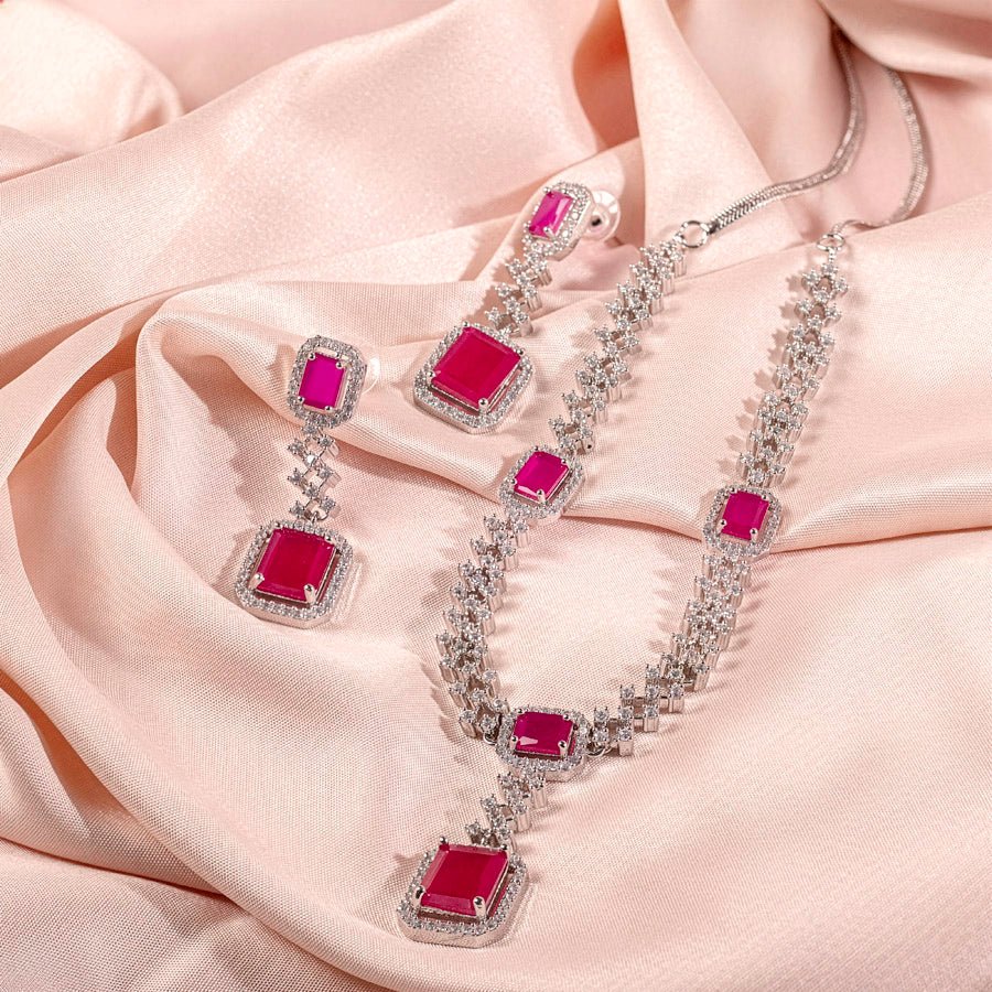 Pink Silver Polish Short Lightweight Silver Short American Diamond Necklace Set for Women for Occasion and Party Wear (MC-NS-008-PK-SL) - The Indian Mudra