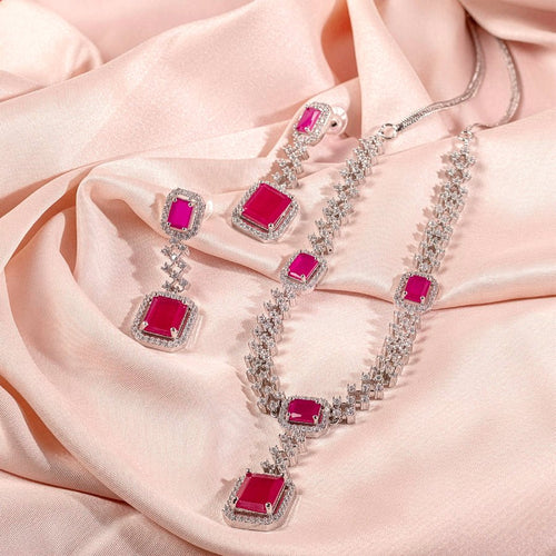Pink Silver Polish Short Lightweight Silver Short American Diamond Necklace Set for Women for Occasion and Party Wear (MC-NS-008-PK-SL) - The Indian Mudra