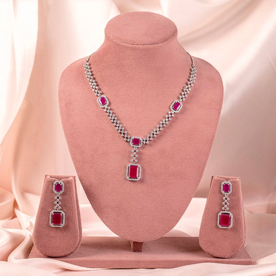 Pink Silver Polish Short Lightweight Silver Short American Diamond Necklace Set for Women for Occasion and Party Wear (MC-NS-008-PK-SL) - The Indian Mudra