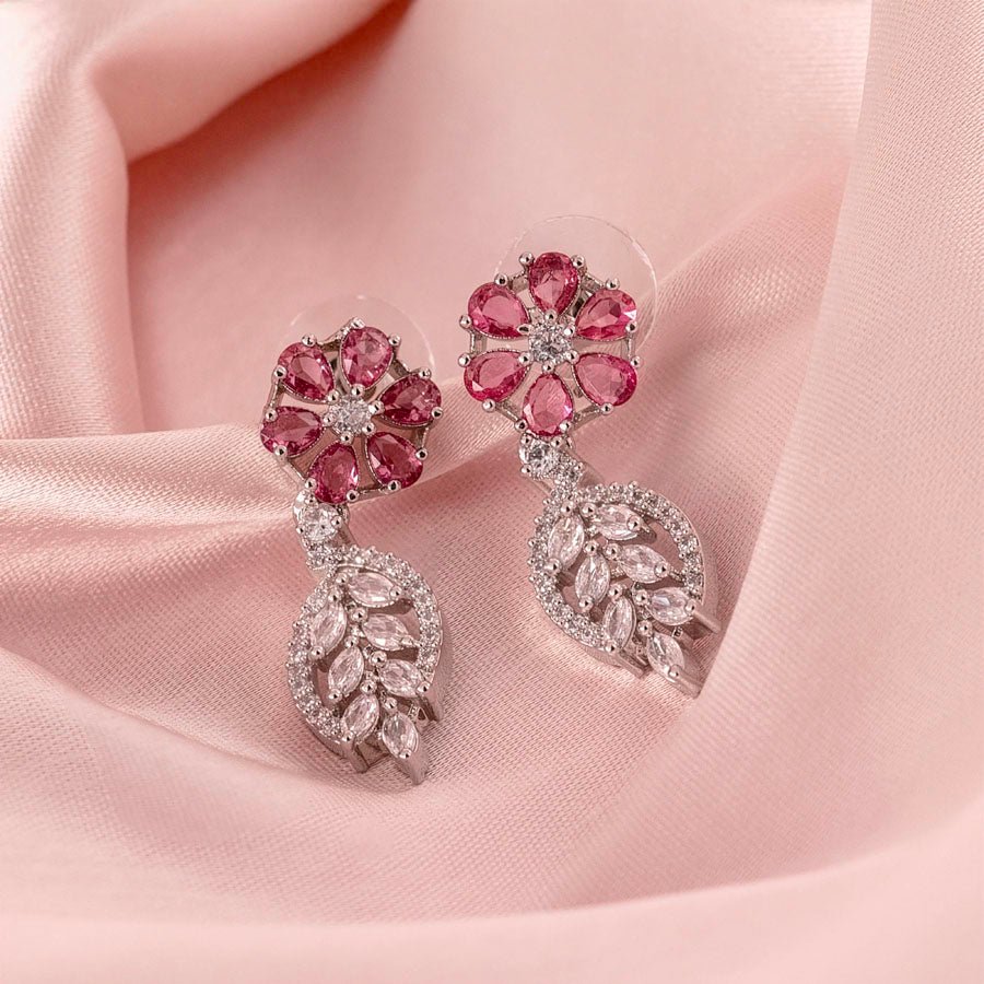 Pink Silver Short American Diamond Necklace Set Lightweight for Occasion and Party Wear for Women (MI - NS - 002 - PK - SL) - The Indian Mudra