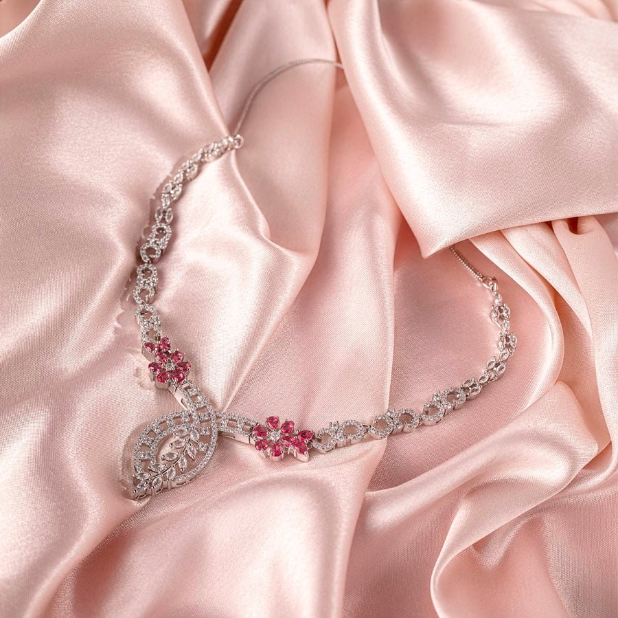 Pink Silver Short American Diamond Necklace Set Lightweight for Occasion and Party Wear for Women (MI - NS - 002 - PK - SL) - The Indian Mudra