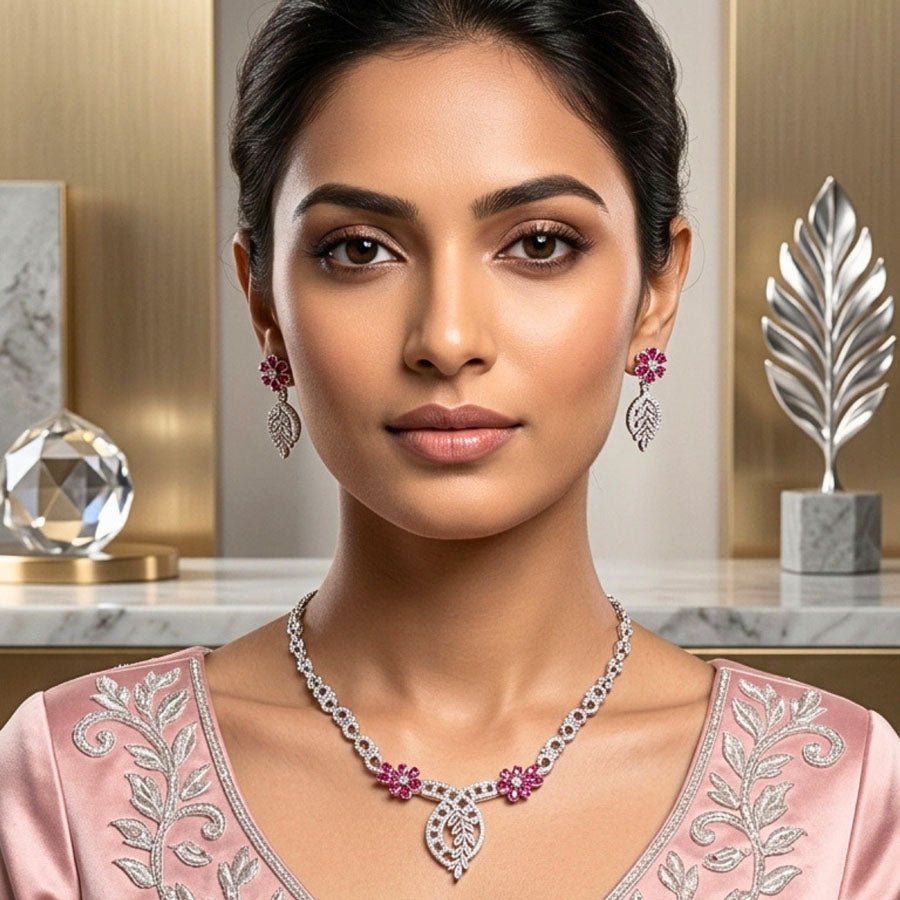 Pink Silver Short American Diamond Necklace Set Lightweight for Occasion and Party Wear for Women (MI - NS - 002 - PK - SL) - The Indian Mudra