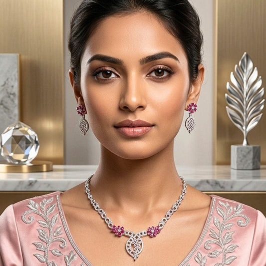 Pink Silver Short American Diamond Necklace Set Lightweight for Occasion and Party Wear for Women (MI - NS - 002 - PK - SL) - The Indian Mudra