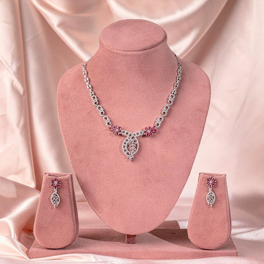 Pink Silver Short American Diamond Necklace Set Lightweight for Occasion and Party Wear for Women (MI - NS - 002 - PK - SL) - The Indian Mudra