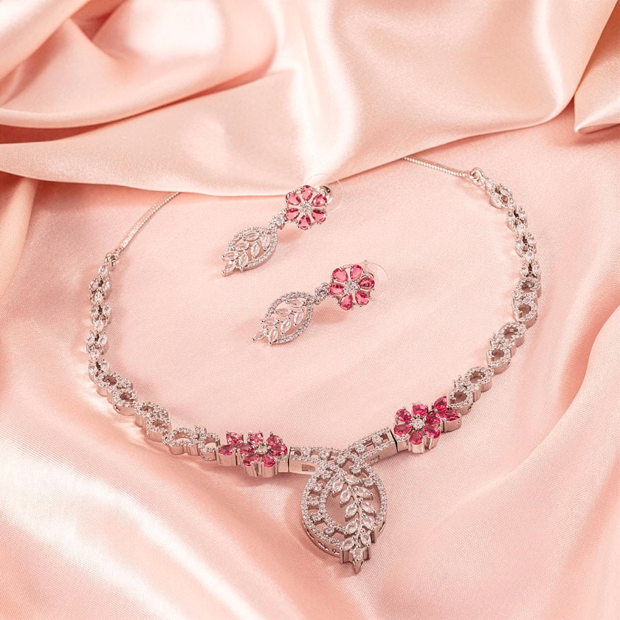 Pink Silver Short American Diamond Necklace Set Lightweight for Occasion and Party Wear for Women (MI - NS - 002 - PK - SL) - The Indian Mudra