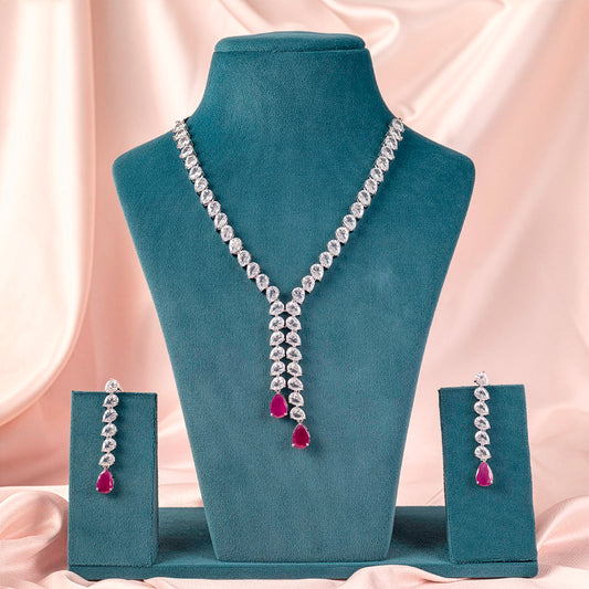 Pink Silver Short Lightweight American Diamond Necklace Set for Women for Occasion and Party Wear (MC-NS-006-PK-SL)
