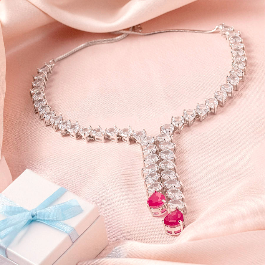 Pink Silver Short Lightweight American Diamond Necklace Set for Women for Occasion and Party Wear (MC-NS-006-PK-SL)