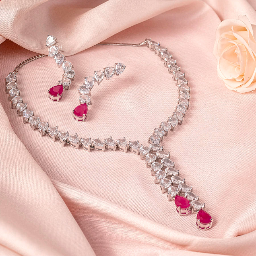 Pink Silver Short Lightweight American Diamond Necklace Set for Women for Occasion and Party Wear (MC-NS-006-PK-SL)