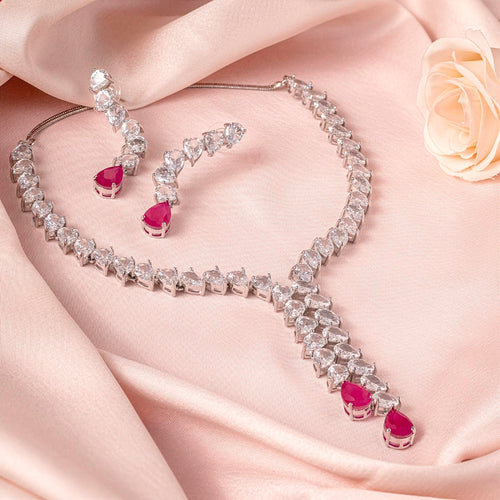 Pink Silver Short Lightweight American Diamond Necklace Set for Women for Occasion and Party Wear (MC-NS-006-PK-SL)