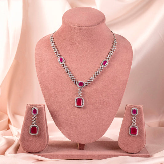 Pink Silver Short Lightweight Silver Short American Diamond Necklace Set for Women for Occasion and Party Wear (MC-NS-008-PK-SL)