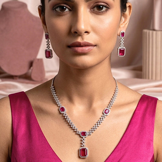 Pink Silver Short Lightweight Silver Short American Diamond Necklace Set for Women for Occasion and Party Wear (MC-NS-008-PK-SL)