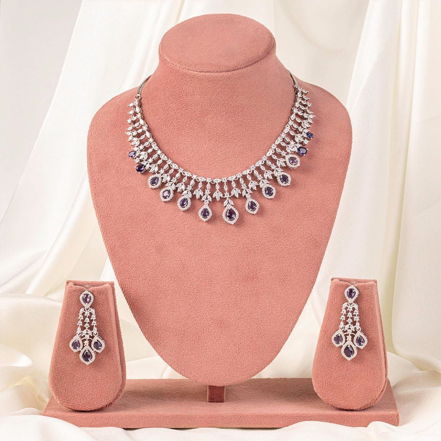 Purple Silver Polish Short Lightweight American Diamond Necklace Set for Women for Occasion and Party Wear (MC - NS - 016 - PUR - SL - 1) - The Indian Mudra