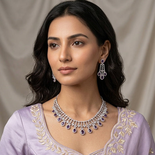 Purple Silver Polish Short Lightweight American Diamond Necklace Set for Women for Occasion and Party Wear (MC - NS - 016 - PUR - SL - 1) - The Indian Mudra
