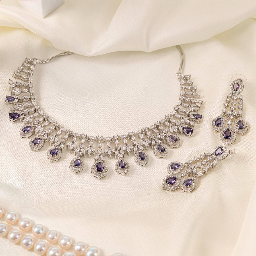 Purple Silver Polish Short Lightweight American Diamond Necklace Set for Women for Occasion and Party Wear (MC - NS - 016 - PUR - SL - 1) - The Indian Mudra