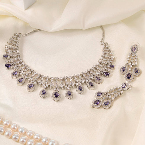 Purple Silver Polish Short Lightweight American Diamond Necklace Set for Women for Occasion and Party Wear (MC - NS - 016 - PUR - SL - 1) - The Indian Mudra