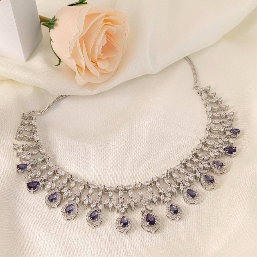 Purple Silver Polish Short Lightweight American Diamond Necklace Set for Women for Occasion and Party Wear (MC - NS - 016 - PUR - SL - 1) - The Indian Mudra