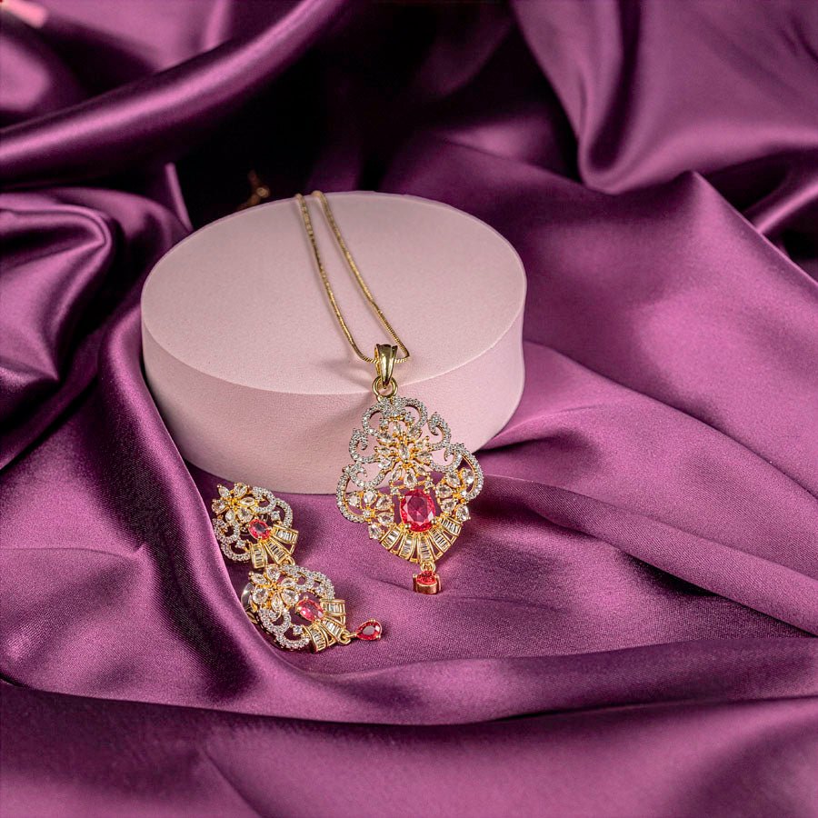 Red Wine Gold Lightweight American Diamond Pendant Set for Women for Occasion and Party Wear (MI - PEN - 006 - RD - GD) - The Indian Mudra