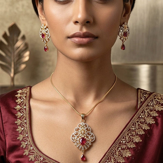 Red Wine Gold Lightweight American Diamond Pendant Set for Women for Occasion and Party Wear (MI - PEN - 006 - RD - GD) - The Indian Mudra