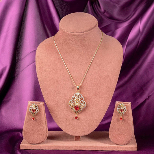 Red Wine Gold Lightweight American Diamond Pendant Set for Women for Occasion and Party Wear (MI - PEN - 006 - RD - GD) - The Indian Mudra