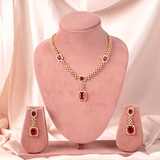 Red Wine Gold Short Lightweight American Diamond Necklace Set for Women for Occasion and Party Wear (MC - NS - 008 - RD - GD) - The Indian Mudra