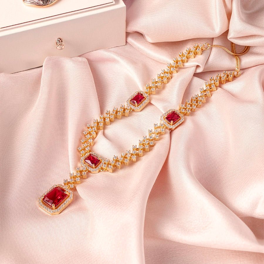 Red Wine Gold Short Lightweight American Diamond Necklace Set for Women for Occasion and Party Wear (MC - NS - 008 - RD - GD) - The Indian Mudra