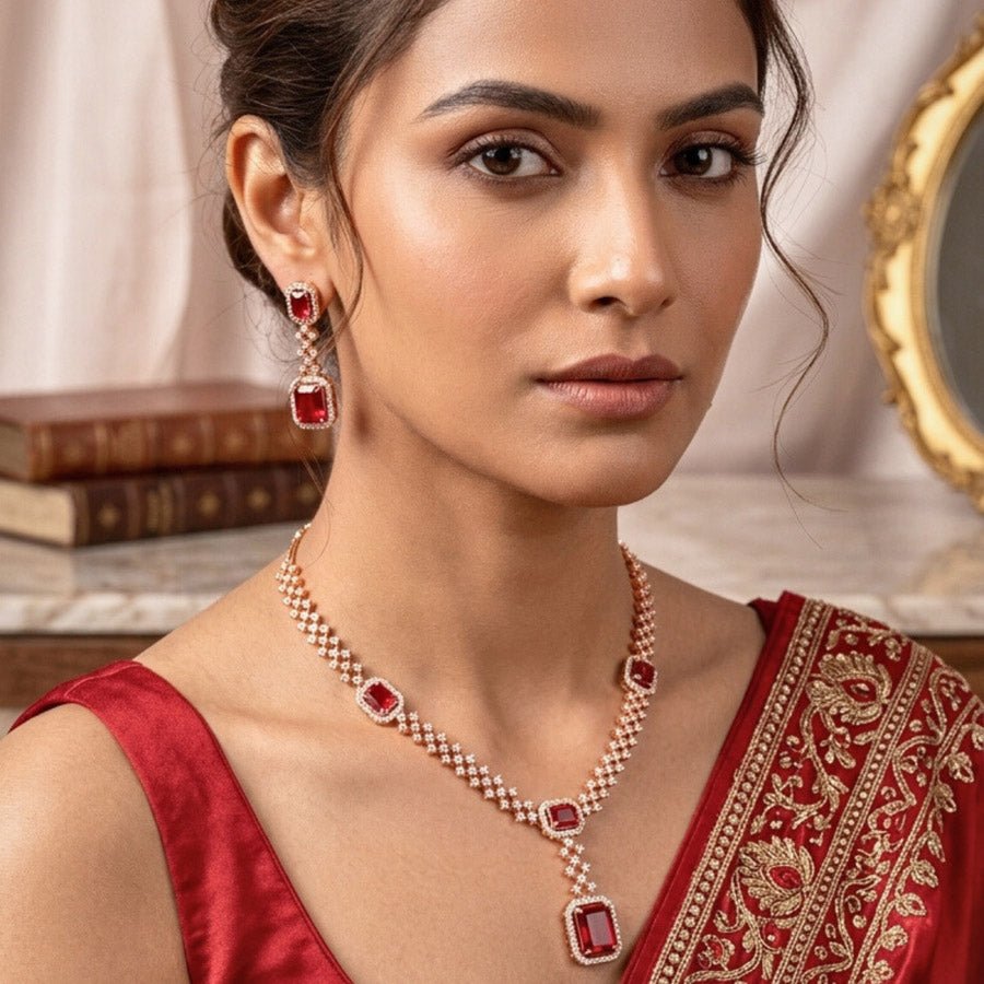 Red Wine Gold Short Lightweight American Diamond Necklace Set for Women for Occasion and Party Wear (MC - NS - 008 - RD - GD) - The Indian Mudra