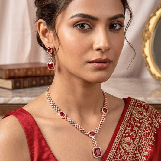 Red Wine Gold Short Lightweight American Diamond Necklace Set for Women for Occasion and Party Wear (MC - NS - 008 - RD - GD) - The Indian Mudra