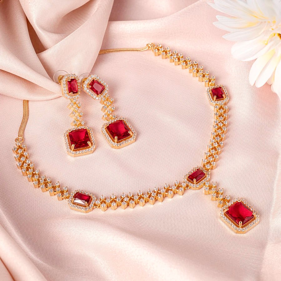 Red Wine Gold Short Lightweight American Diamond Necklace Set for Women for Occasion and Party Wear (MC - NS - 008 - RD - GD) - The Indian Mudra