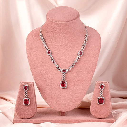 Red Wine Short Silver Lightweight American Diamond Necklace Set for Women for Occasion and Party Wear (MC-NS-008-RD-SL)