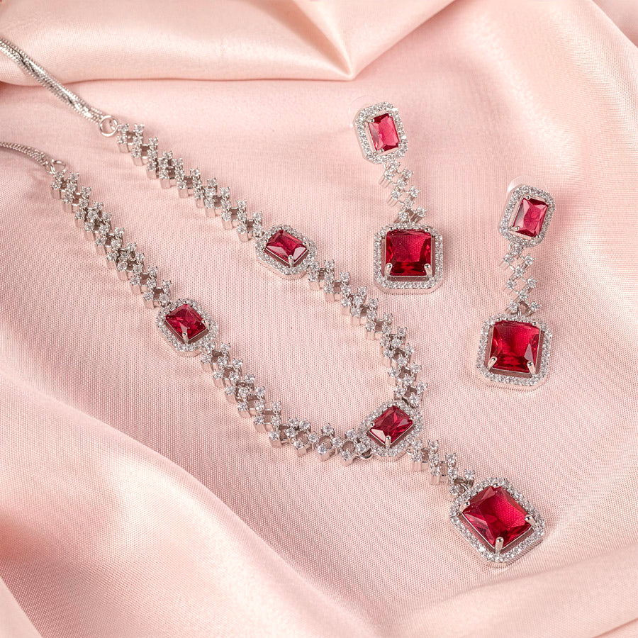 Red Wine Short Silver Lightweight American Diamond Necklace Set for Women for Occasion and Party Wear (MC-NS-008-RD-SL)