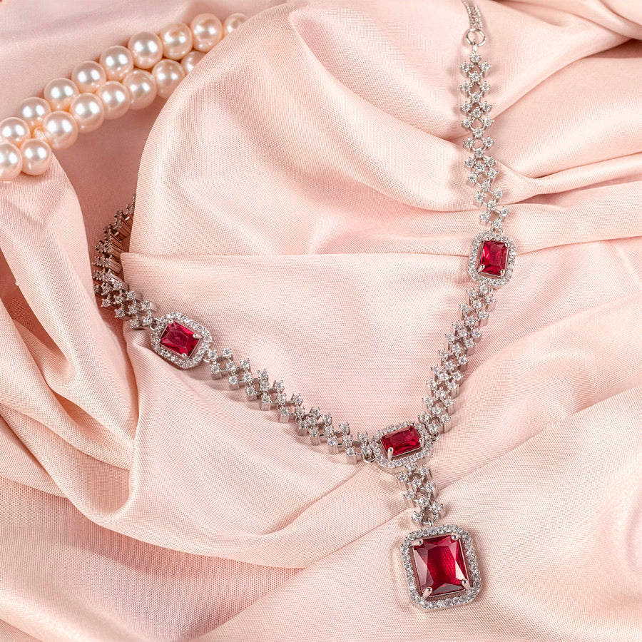 Red Wine Short Silver Lightweight American Diamond Necklace Set for Women for Occasion and Party Wear (MC-NS-008-RD-SL)