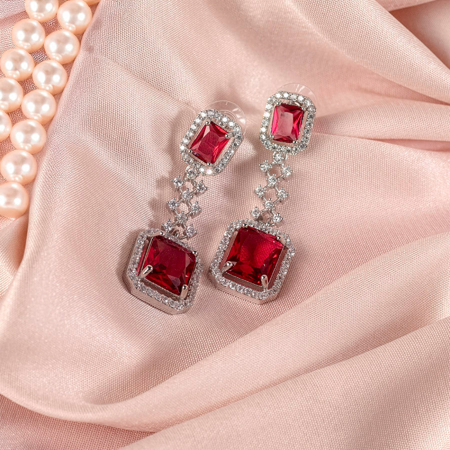 Red Wine Short Silver Lightweight American Diamond Necklace Set for Women for Occasion and Party Wear (MC-NS-008-RD-SL)