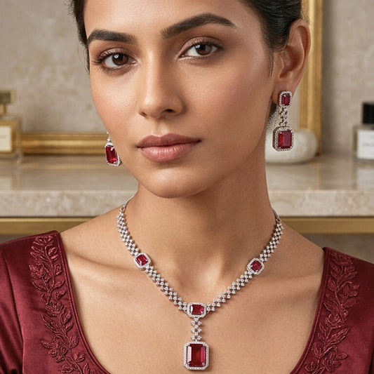Red Wine Short Silver Lightweight American Diamond Necklace Set for Women for Occasion and Party Wear (MC-NS-008-RD-SL)