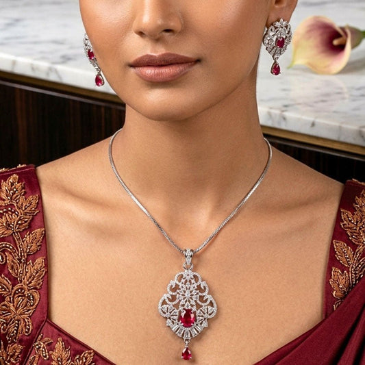 Red Wine Silver Lightweight American Diamond Pendant Set for Women for Occasion and Party Wear (MI - PEN - 006 - RD - SL) - The Indian Mudra
