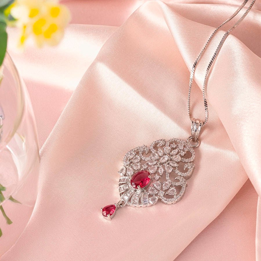 Red Wine Silver Lightweight American Diamond Pendant Set for Women for Occasion and Party Wear (MI - PEN - 006 - RD - SL) - The Indian Mudra