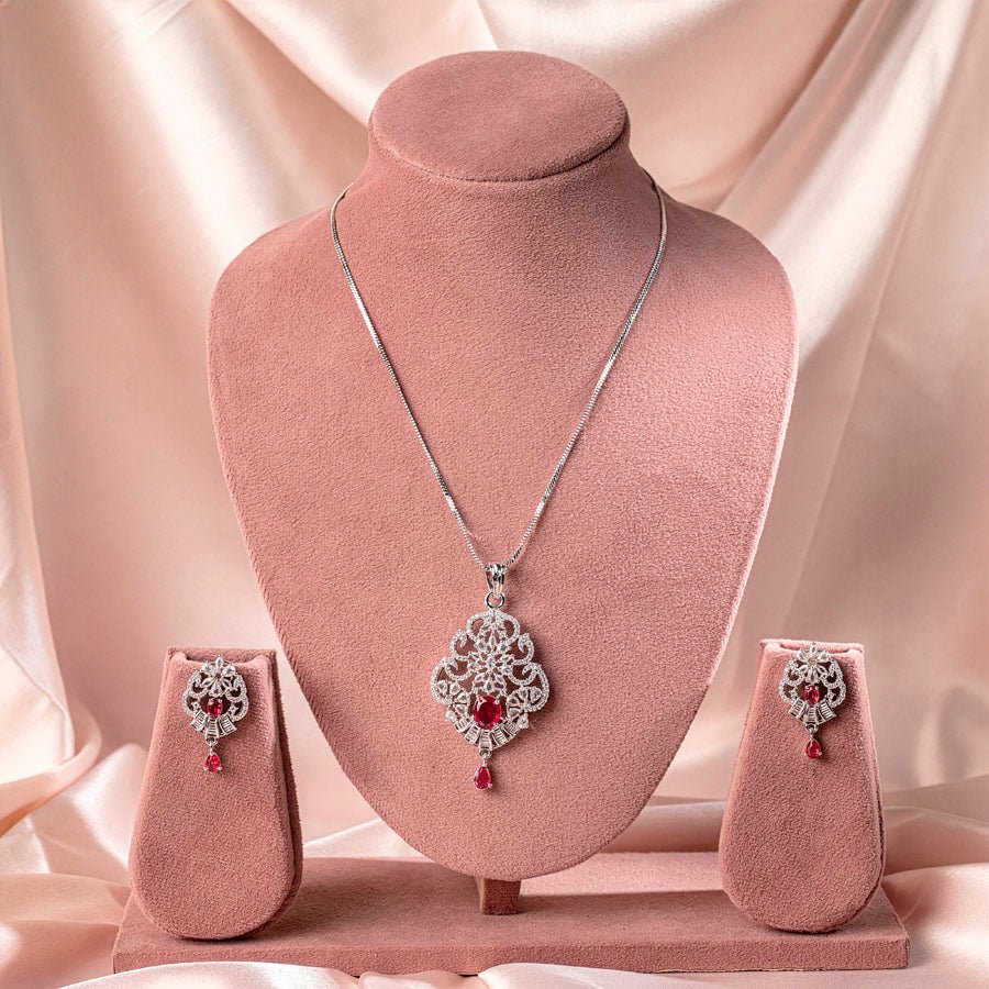 Red Wine Silver Lightweight American Diamond Pendant Set for Women for Occasion and Party Wear (MI - PEN - 006 - RD - SL) - The Indian Mudra