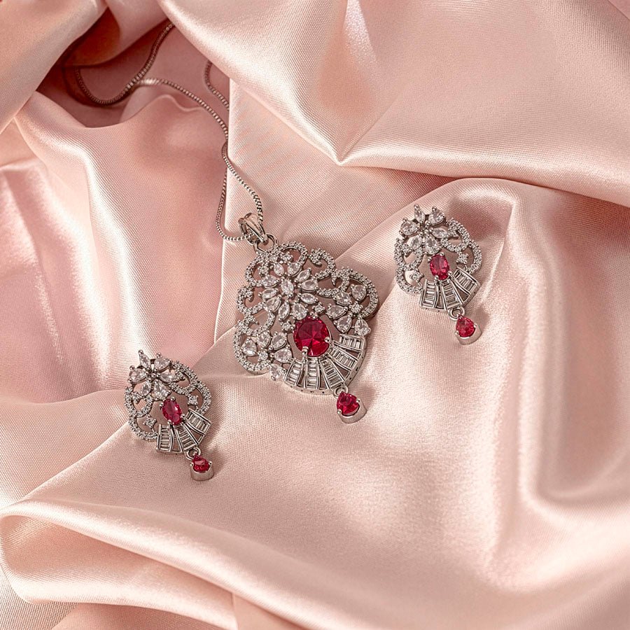 Red Wine Silver Lightweight American Diamond Pendant Set for Women for Occasion and Party Wear (MI - PEN - 006 - RD - SL) - The Indian Mudra
