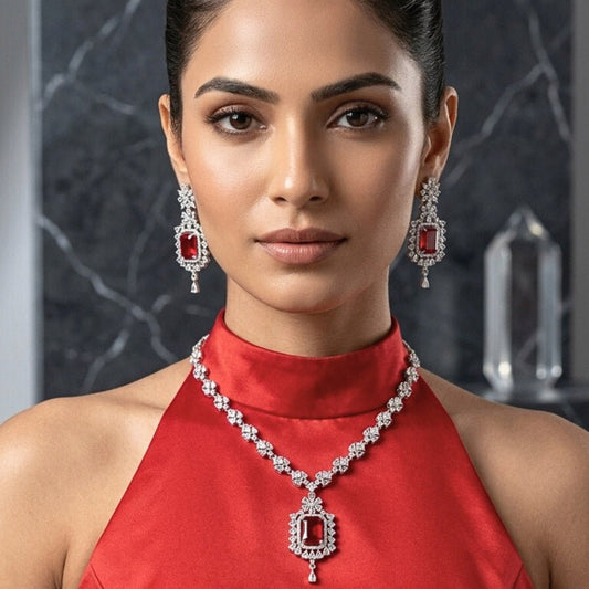 Red Wine Silver Lightweight Short American Diamond Necklace Set for Women for Occasion and Party Wear (MC - NS - 009 - RD - SL) - The Indian Mudra