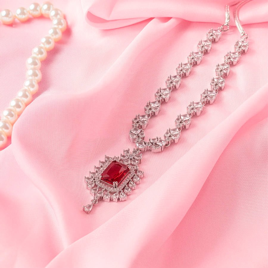 Red Wine Silver Lightweight Short American Diamond Necklace Set for Women for Occasion and Party Wear (MC - NS - 009 - RD - SL) - The Indian Mudra