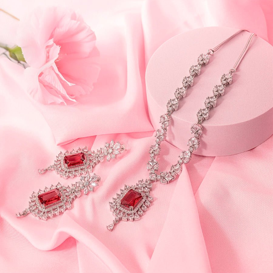 Red Wine Silver Lightweight Short American Diamond Necklace Set for Women for Occasion and Party Wear (MC - NS - 009 - RD - SL) - The Indian Mudra