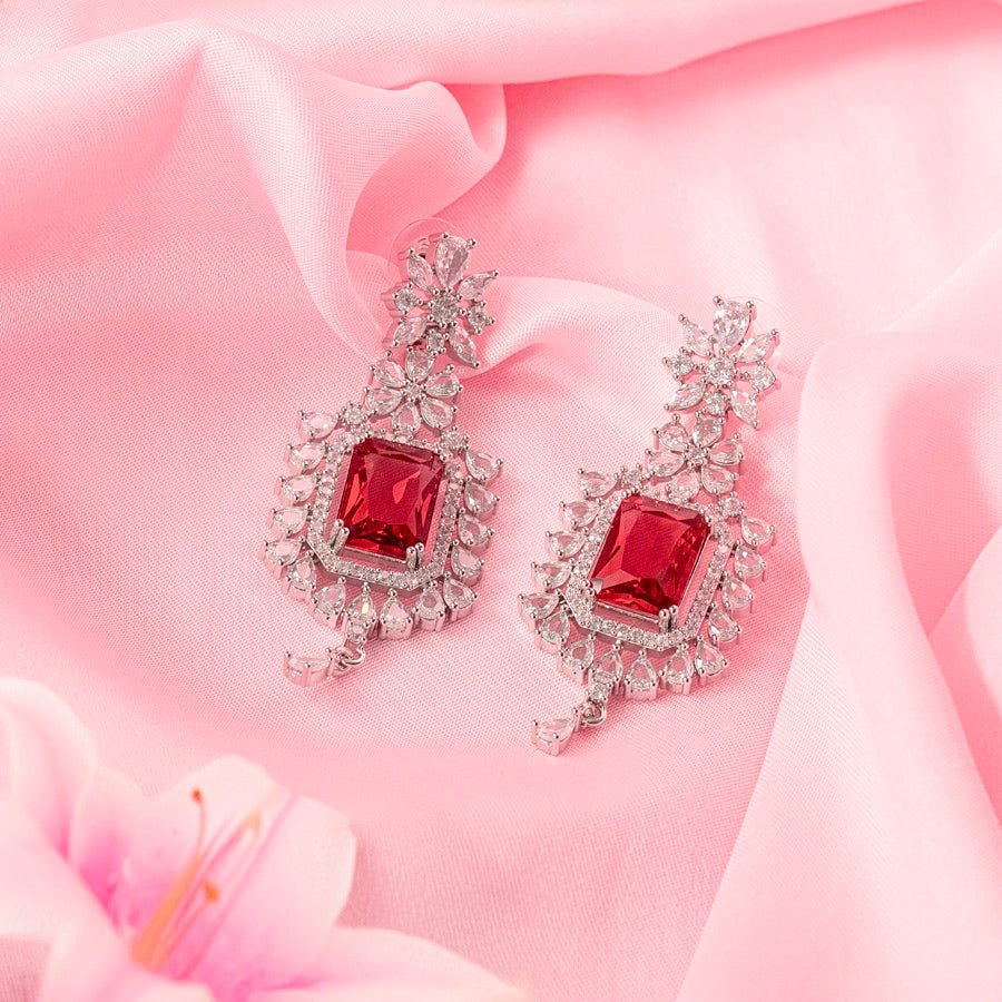 Red Wine Silver Lightweight Short American Diamond Necklace Set for Women for Occasion and Party Wear (MC - NS - 009 - RD - SL) - The Indian Mudra