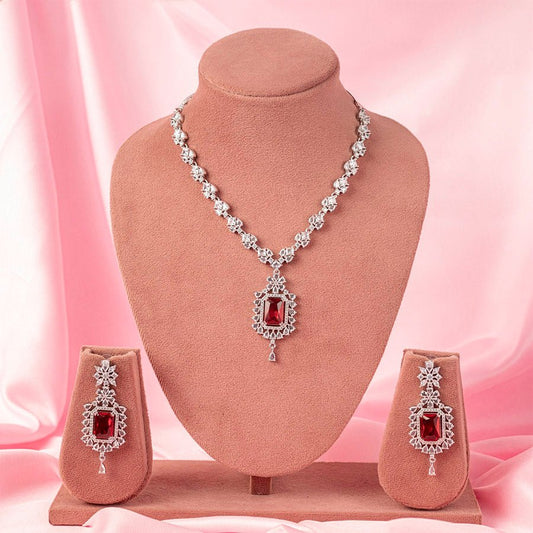 Red Wine Silver Lightweight Short American Diamond Necklace Set for Women for Occasion and Party Wear (MC - NS - 009 - RD - SL) - The Indian Mudra