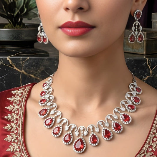 Red Wine Silver Polish Short Lightweight American Diamond Necklace Set - The Indian Mudra