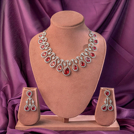Red Wine  Silver Short Lightweight American Diamond Necklace Set for Women for Occasion and Party Wear (MC-NS-005-RD-SL)