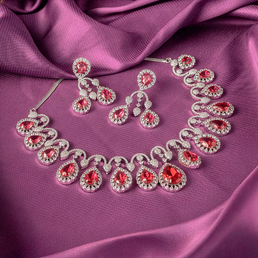 Red Wine  Silver Short Lightweight American Diamond Necklace Set for Women for Occasion and Party Wear (MC-NS-005-RD-SL)