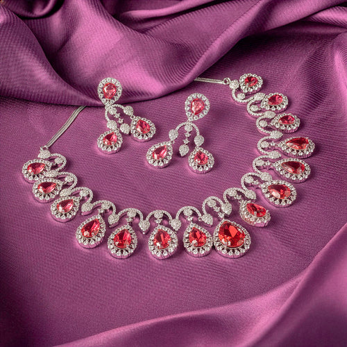 Red Wine  Silver Short Lightweight American Diamond Necklace Set for Women for Occasion and Party Wear (MC-NS-005-RD-SL)