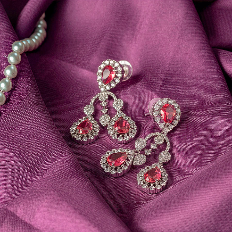 Red Wine  Silver Short Lightweight American Diamond Necklace Set for Women for Occasion and Party Wear (MC-NS-005-RD-SL)