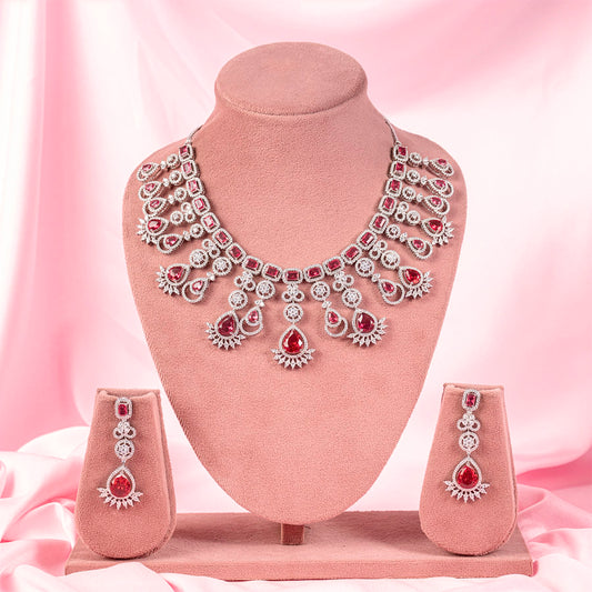 Ruby Red Silver Lightweight Short American Diamond Necklace Set for Women for Occasion and Party Wear (MC-NS-013-RB-SL)